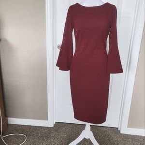 Calvin Klein Maroon Bell Sleeve Sheath Dress, Size 2